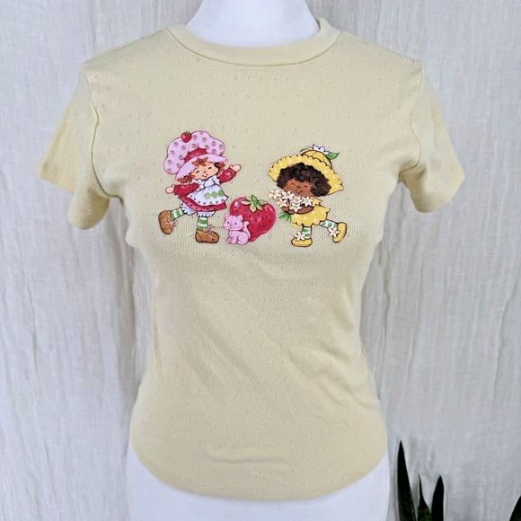Strawberry Shortcake Tops - Strawberry Shortcake Baby Tee XS Twee Cottage Retro Butter Yellow Pointelle Knit